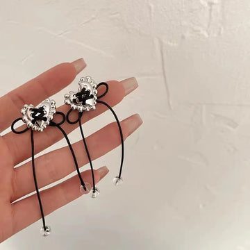 DAIIIBABYYY  -  Silver Plated Heart Ear Stud Long Band Rope Earrings for Women Korean Fashion Fairy Bow-knot Tassel Earring Jewelry